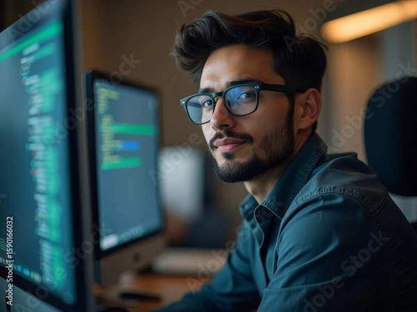 Fototapeta Jeune développeur concentré devant son écran de code informatique
