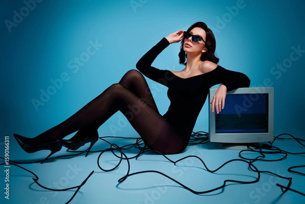 Obraz Brunette woman in stylish black bodysuit with tights posing next to a retro monitor against a blue studio background