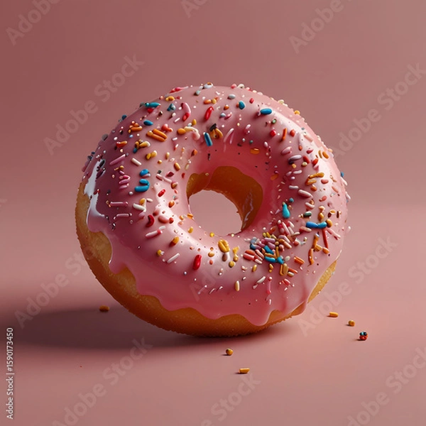 Fototapeta Pink Frosted Donut with Sprinkles on Minimal Background