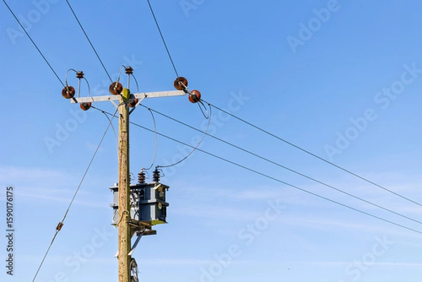 Obraz Utility Pole with Transformer Against a Clear Blue Sky