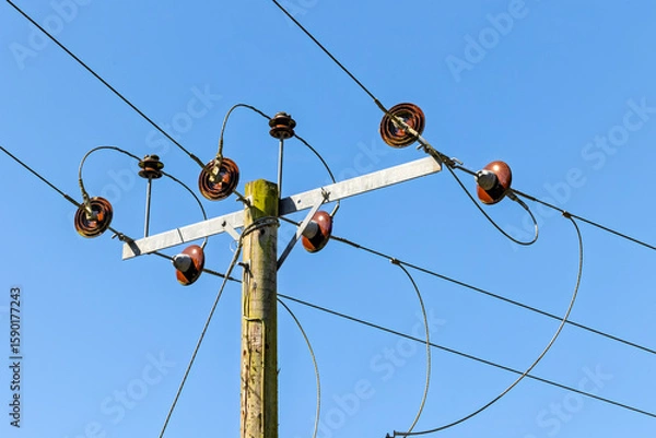 Obraz Electrical Insulators and Power Lines on a Wooden Pole