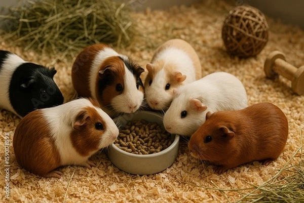 Fototapeta A group of guinea pigs gathered around a small feeding bowl in a clean enclosure, surrounded by wood shaving