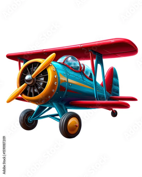 Fototapeta Cartoon biplane with wings and propellers isolated on transparent background