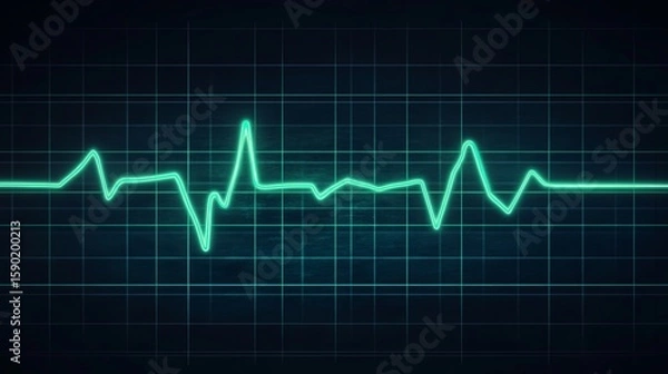 Fototapeta Cyan Electrocardiogram Trace on Dark Blue Grid for Heart Health Monitoring and Medical Diagnosis