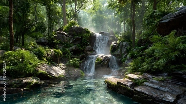 Fototapeta Lush green rainforest waterfall cascading down smooth stone into crystal clear pool below surrounded vibrant greenery fern background feature natural tropical setting misty air gentle sunlight