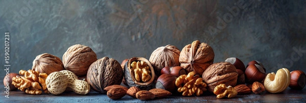 Fototapeta Assorted nuts including walnuts, almonds, cashews, and peanuts arranged beautifully on a rustic wooden surface, showcasing natural textures and rich colors
