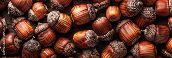 Fototapeta Acorns in various shades of brown and orange arranged in a flat lay background, showcasing natural textures and organic shapes, perfect for web banner design