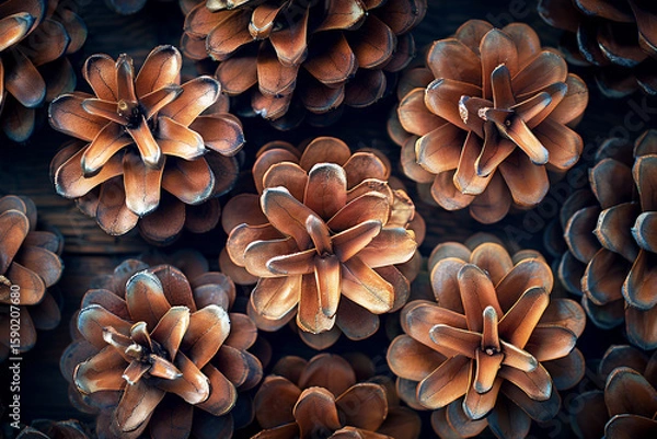 Fototapeta Flat lay arrangement of pine cones on a dark wooden surface, showcasing natural textures and colors, ideal for seasonal decor and design mockups with copy space