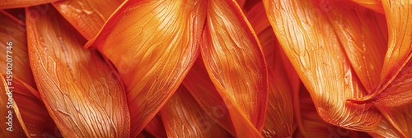 Fototapeta Vibrant orange petal flat lay background with intricate textures, ideal for web banners and design projects, showcasing natural beauty and elegance