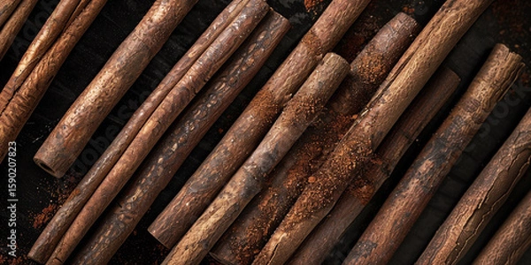 Fototapeta Flat lay of aromatic cinnamon sticks arranged on a dark surface with scattered cinnamon powder, creating a warm and inviting culinary background with copy space