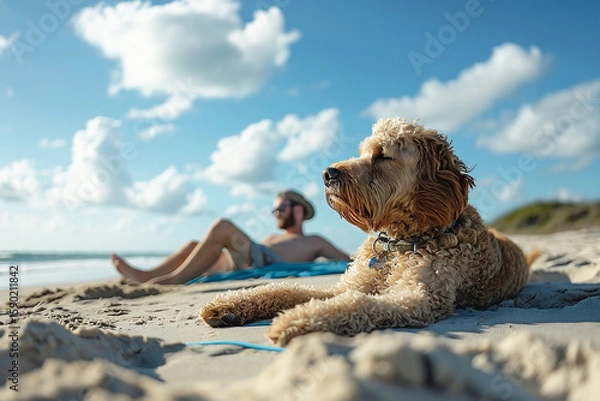 Fototapeta Relaxed dog lounging on sandy beach while owner enjoys sunbathing in background, showcasing a peaceful day by the ocean with fluffy clouds above