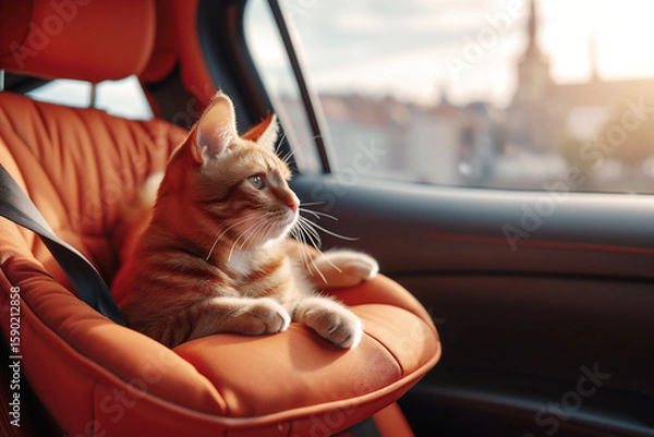 Fototapeta Ginger cat relaxing in a cozy car seat, gazing out the window at a scenic view, capturing a moment of tranquility and companionship during travel