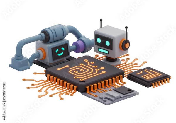 Fototapeta Cute cartoon robots interacting with glowing circuit boards and computer chips isolated on transparent background