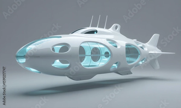 Fototapeta Futuristic White Submarine 3D Render on Gray Background, Exploration Concept