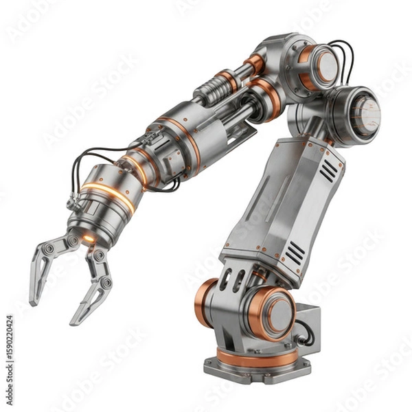 Fototapeta Advanced industrial robotic arm with metallic finish and copper accents isolated on transparent background