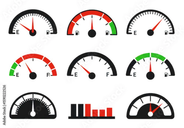 Fototapeta Collection of nine diverse automotive fuel gauges and indicators isolated on transparent background