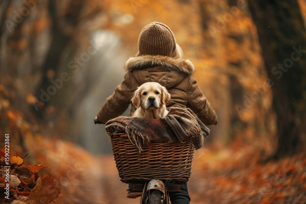 Fototapeta Child riding bicycle with golden retriever puppy in basket, surrounded by autumn foliage and warm colors, capturing a joyful outdoor adventure in nature