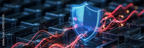 Fototapeta Digital firewall concept with a glowing shield with a hexagonal pattern deflecting a cyber attack