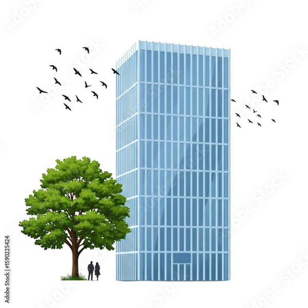 Fototapeta Modern glass skyscraper next to lush green tree with birds flying above isolated on transparent background