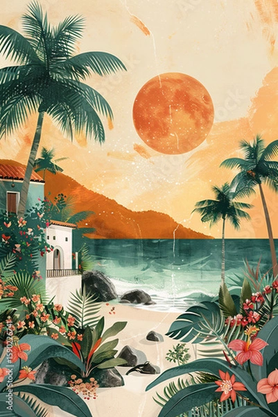 Fototapeta Vibrant tropical landscape illustration featuring palm trees, colorful flowers, and a serene beach at sunset, evoking a sense of paradise and tranquility
