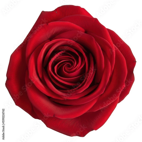 Fototapeta Close up of a perfect vibrant red rose bloom with delicate layered petals and a swirling center isolated on transparent background