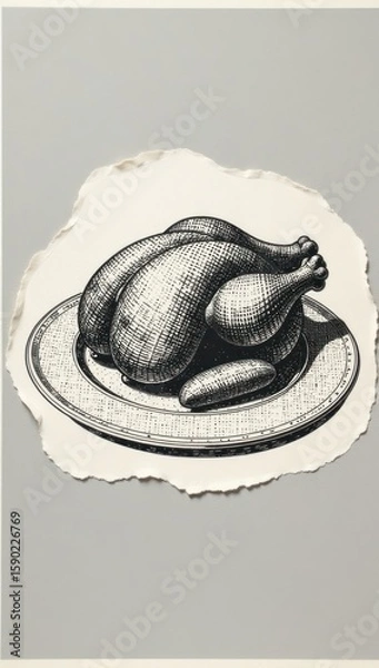 Obraz Heritage Cuisine: Hand-Sketched Roasted Bird on Plate. Suitable for use in content related to family recipes, historical culinary practices, farmhouse aesthetics