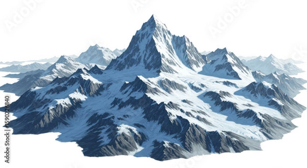 Fototapeta Majestic snow covered mountain range with sharp peaks and icy slopes isolated on transparent background