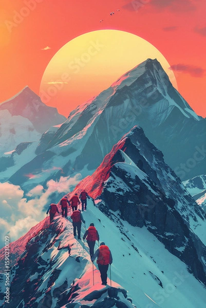Fototapeta Group of climbers trekking along a snow-covered mountain ridge at sunset, with vibrant colors illuminating the sky and peaks in the background
