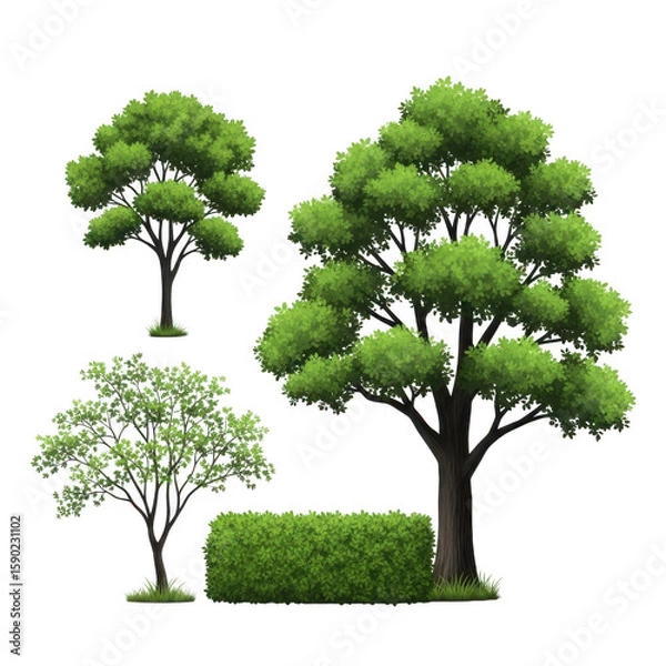 Fototapeta Collection of lush green trees and a manicured hedge isolated on transparent background