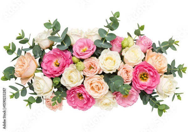 Fototapeta Beautiful mixed bouquet of pink white and peach roses with eucalyptus leaves isolated on transparent background