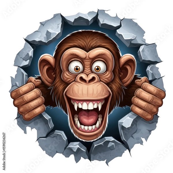 Fototapeta Excited cartoon chimpanzee peeking and breaking through a stone wall isolated on transparent background