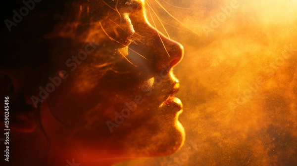 Fototapeta Close-up of a person surrounded by a bright golden aura radiating warmth