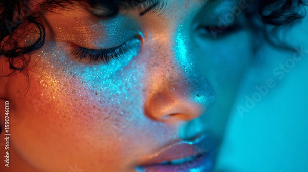 Fototapeta Close-up of a calm person with a soft blue aura glowing gently