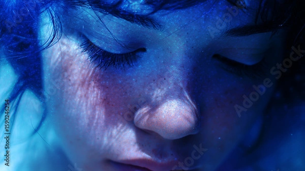 Fototapeta Close-up of a person surrounded by a deep indigo aura of intuition