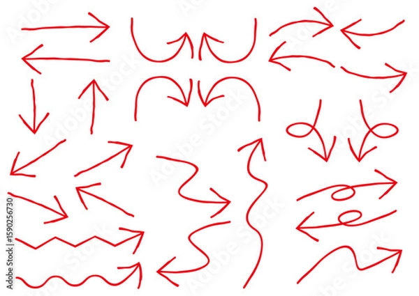 Fototapeta 様々な種類の矢印の手書きイラストセット・赤
