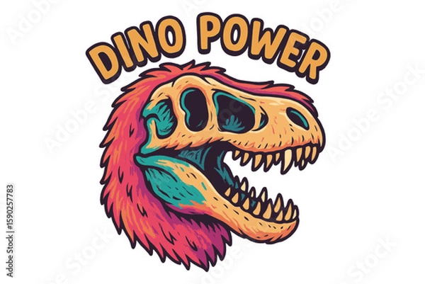Fototapeta Dino Power showcases a colorful dinosaur skull design with vibrant colors and bold text highlighting prehistoric themes