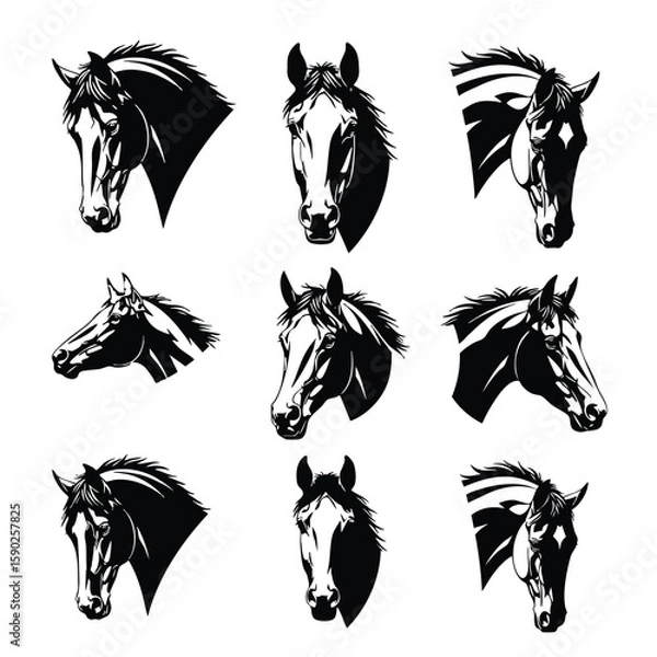 Fototapeta Set of Nine Horse Head Silhouette Vector Illustrations for Logos, Prints, and Design Projects