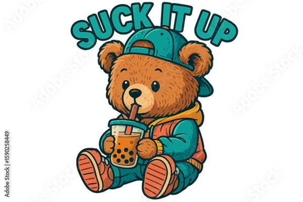 Fototapeta Cute bear character enjoys bubble tea while encouraging positive vibes in a playful graphic design for casual wear