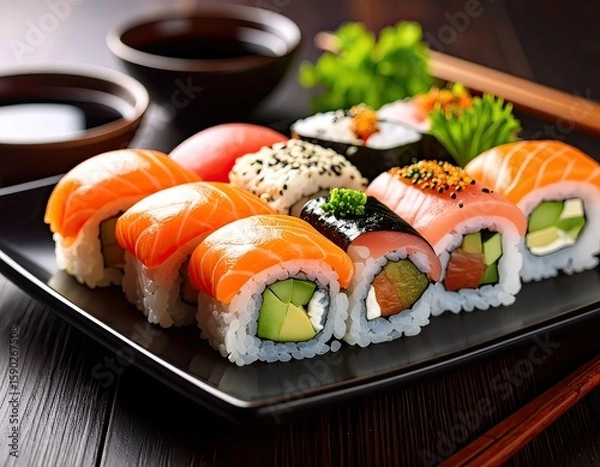 Fototapeta Assorted Sushi Plate with Salmon and Avocado Rolls