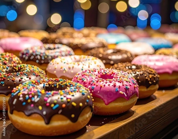 Fototapeta Donuts Display with Chocolate Glaze and Sprinkles