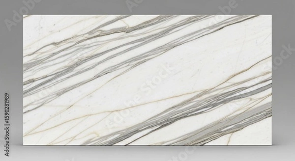 Fototapeta Close-up of a slab of white marble with prominent diagonal gray and gold veining, showcasing its natural texture and pattern.