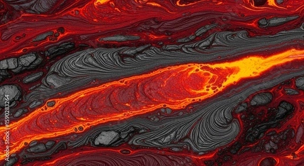 Fototapeta Close-up view of flowing molten lava with swirling patterns and fiery colors.