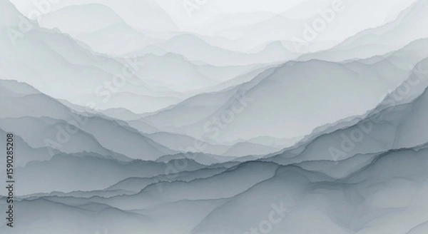 Fototapeta Abstract watercolor painting depicting layered, undulating, and misty mountain ranges with soft gradients.