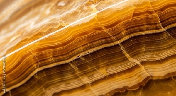Fototapeta Close-up view of a polished, layered stone surface with warm, earthy tones and intricate patterns.