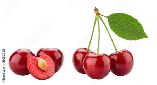 Obraz Isolated cherries and cut cherry on white background