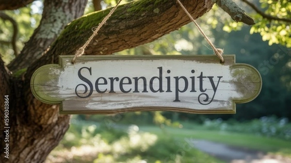 Fototapeta Weathered wooden sign reading Serendipity hanging from tree branch