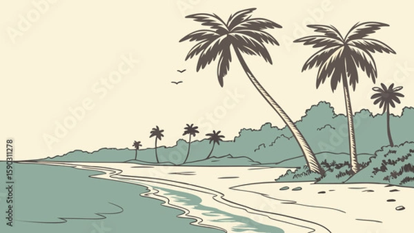 Fototapeta Illustration of a tropical beach scene with palm trees and ocean waves on a sunny day at the coast created with generated ai
