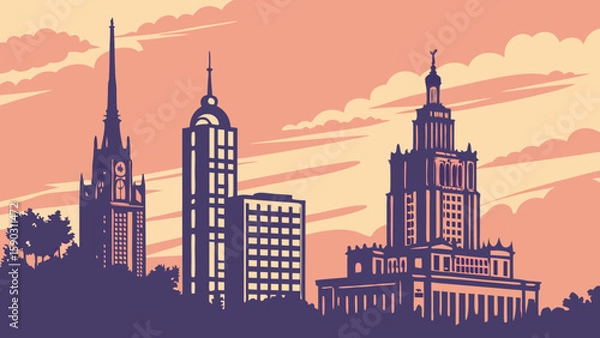 Fototapeta Silhouette of a city skyline with various buildings against a pastel colored sky with clouds at dusk created with generated ai