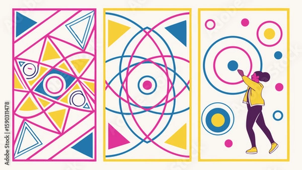 Fototapeta Three abstract panels with geometric shapes circles and a figure reaching up to a circle design created with generated ai