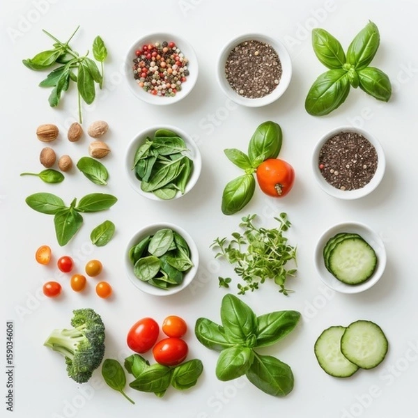 Fototapeta Various fresh greens, herbs, spices, and vegetables arranged on a white background. Spinach, basil, cucumber, broccoli, tomatoes, seeds, and sprouts create a healthy, natural flat lay